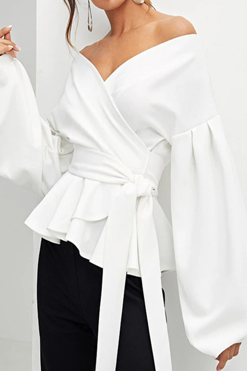 Camellia - Blusa elegante con spalle scoperte, scollo a V, maniche lunghe e vita stretta