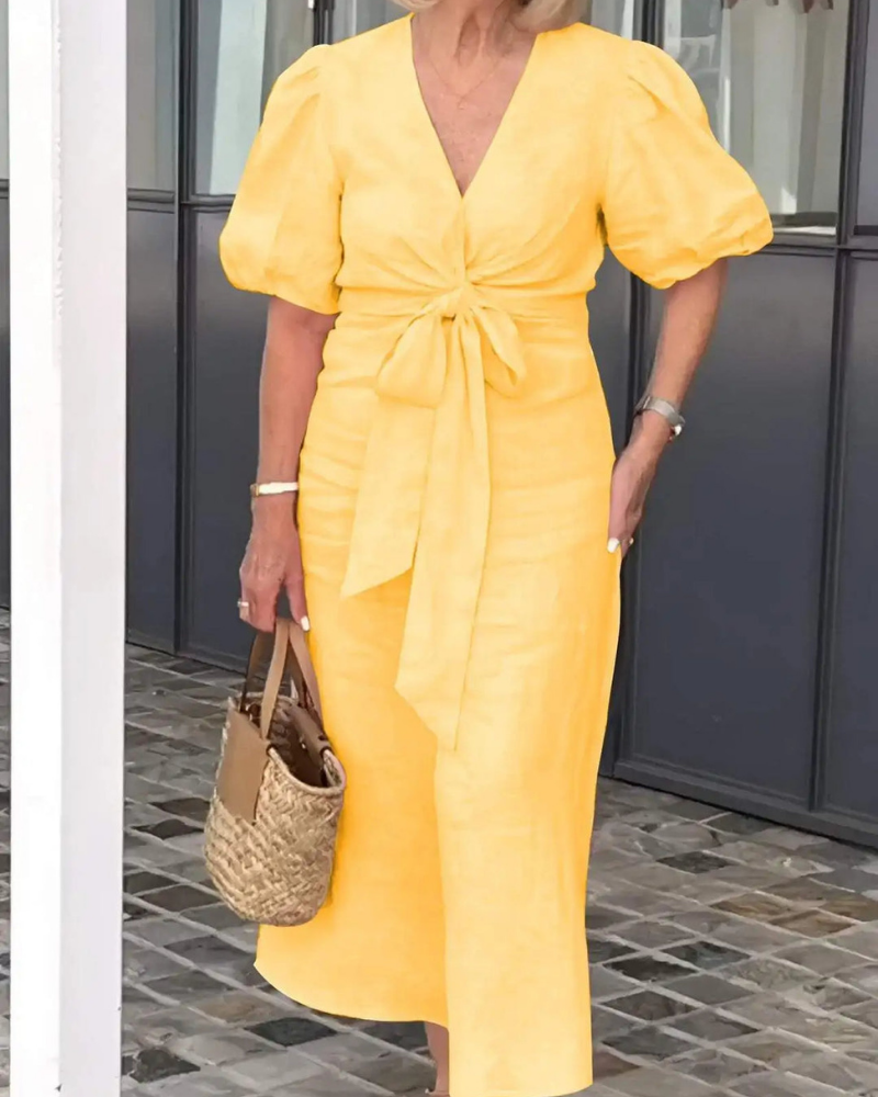 Narelle - Abito casual elegante con scollo a V e maniche a sbuffo