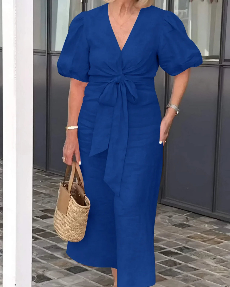 Narelle - Abito casual elegante con scollo a V e maniche a sbuffo
