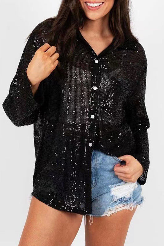 Leny - Elegante camicetta polo con maniche lunghe, bottoni e paillettes