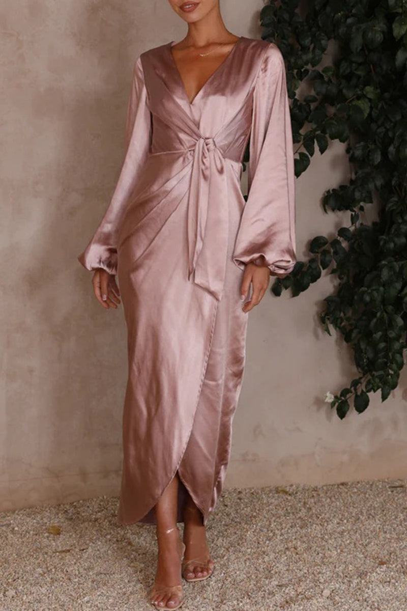 Nova - Elegante abito a maniche lunghe con scollo a V e cintura annodata