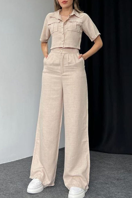 Janella - Blusa elegante a manica corta con bottoni e pantaloni a gamba larga