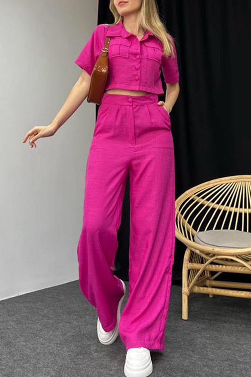 Janella - Blusa elegante a manica corta con bottoni e pantaloni a gamba larga