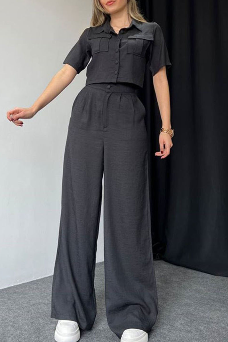 Janella - Blusa elegante a manica corta con bottoni e pantaloni a gamba larga