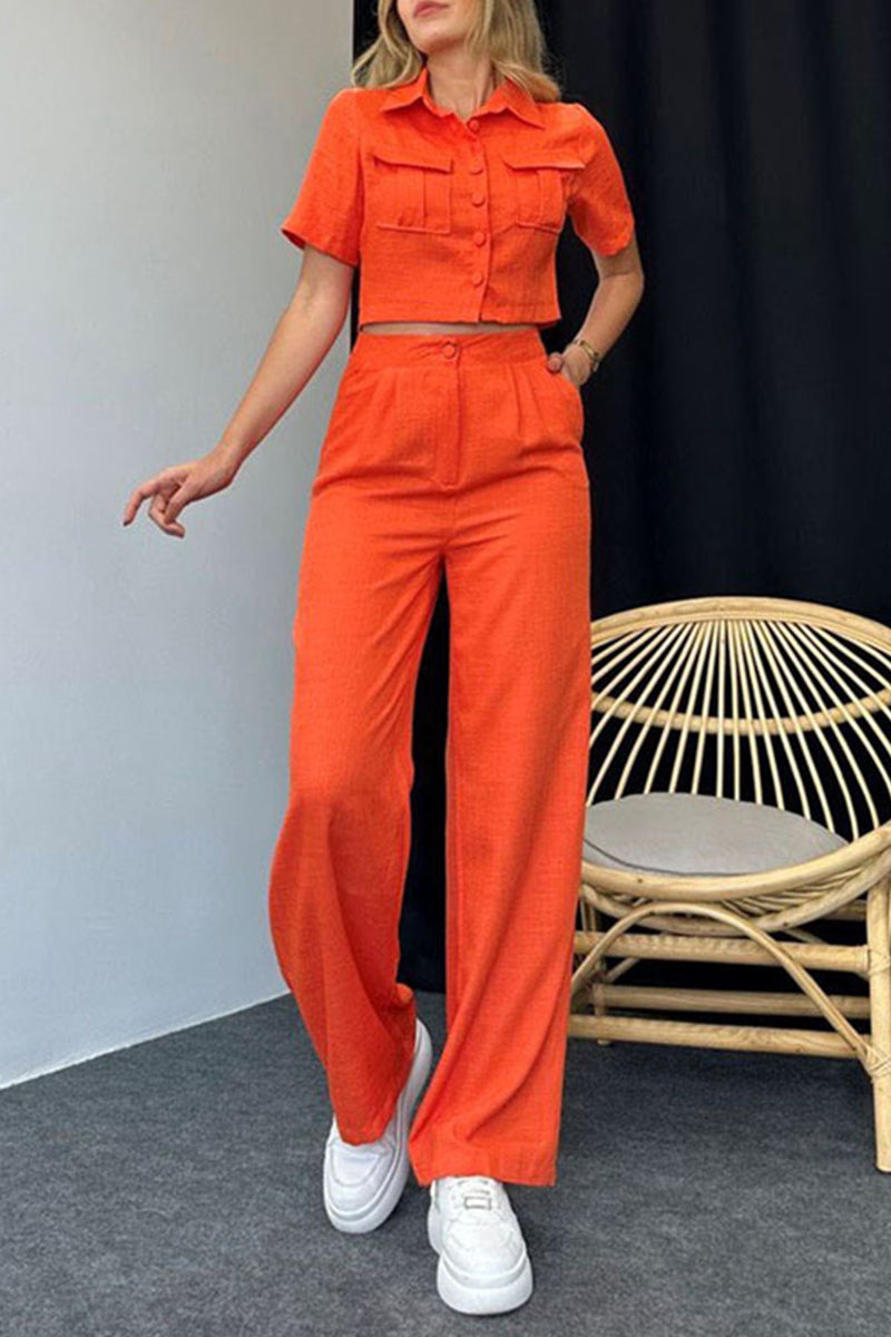 Janella - Blusa elegante a manica corta con bottoni e pantaloni a gamba larga