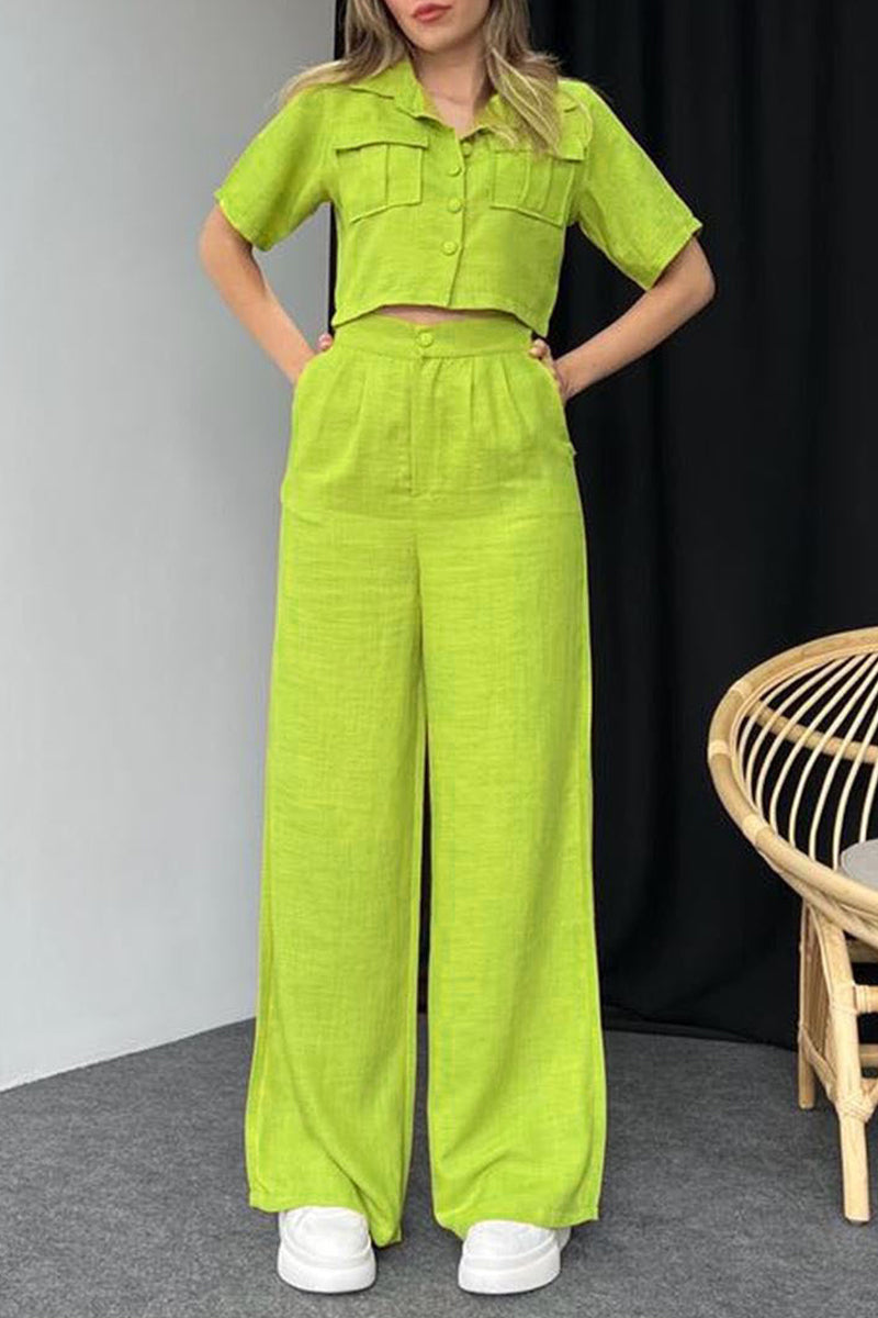 Janella - Blusa elegante a manica corta con bottoni e pantaloni a gamba larga
