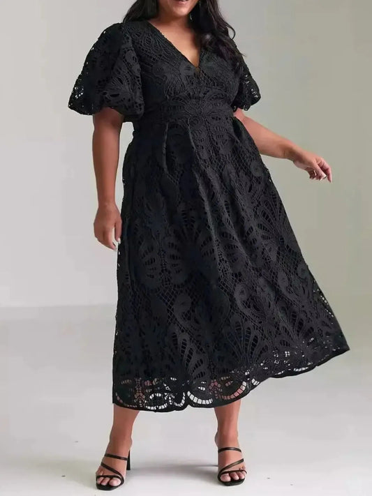 Shiela - Elegante abito lungo in pizzo con scollo a V e maniche a sbuffo