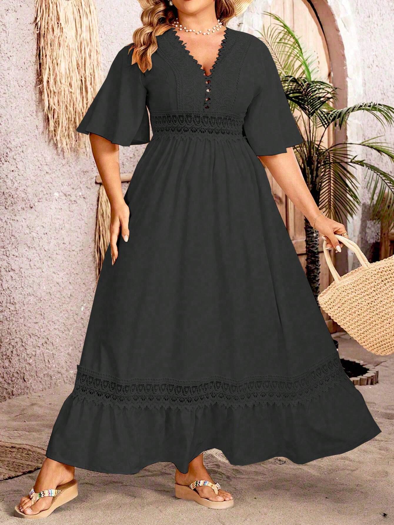 Charisse - Elegante abito maxi con scollo a V e linea ad A