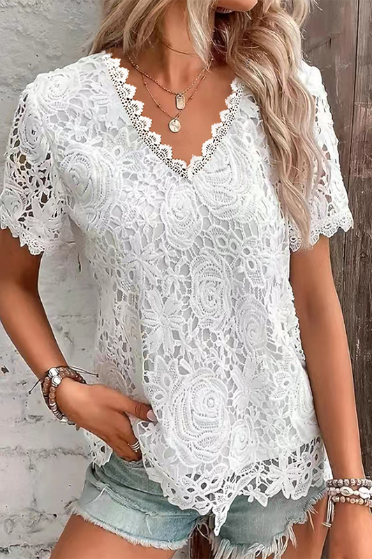 Lilith - Elegante blusa in pizzo floreale con scollo a V