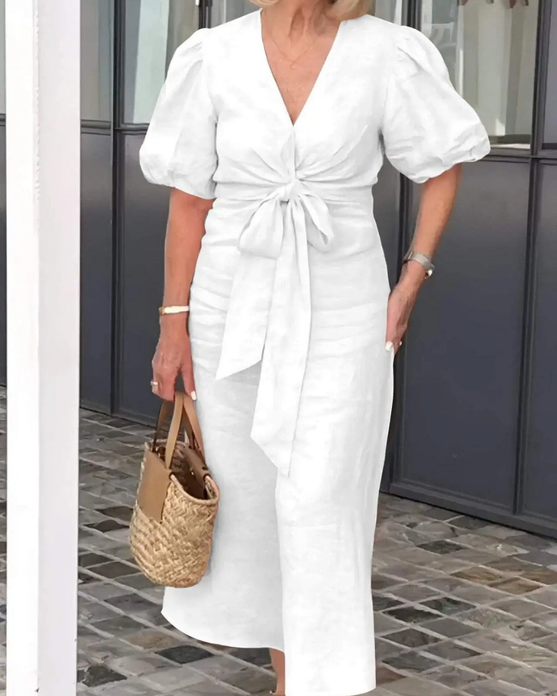 Narelle - Abito casual elegante con scollo a V e maniche a sbuffo