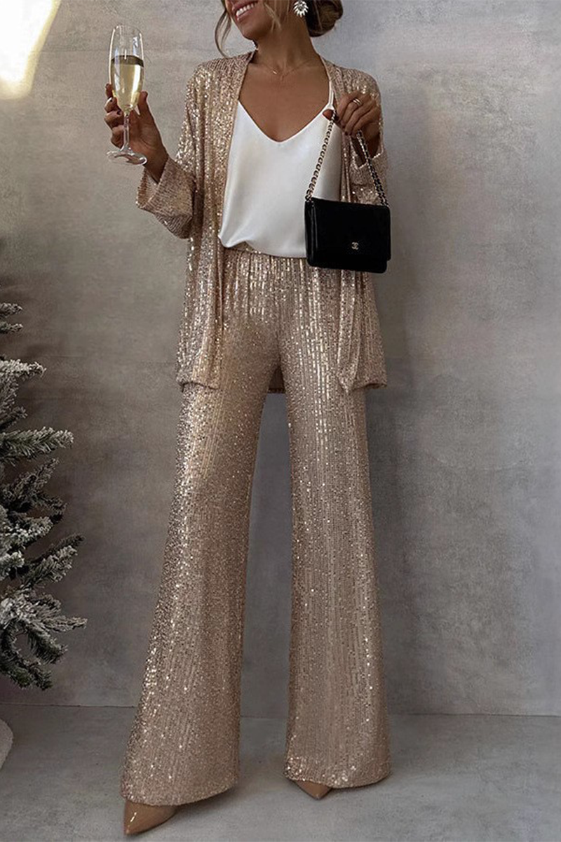 Kiara - Elegante completo con giacca aperta di paillettes e pantaloni a gamba larga