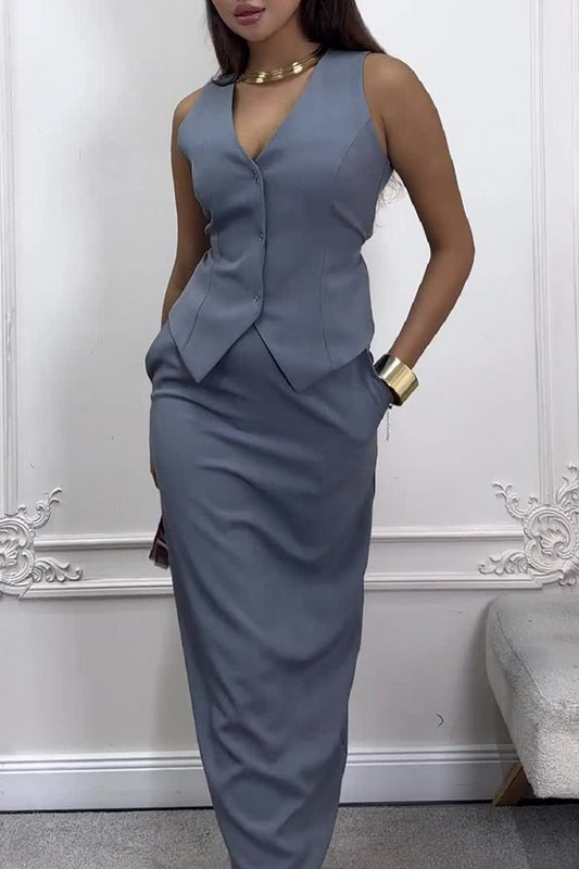Naomi - Elegante completo con top smanicato con bottoni e gonna lunga