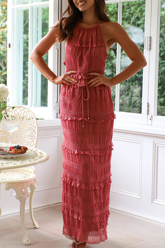 Leigh - Elegante completo con top senza maniche e gonna lunga con pizzo e schiena scoperta