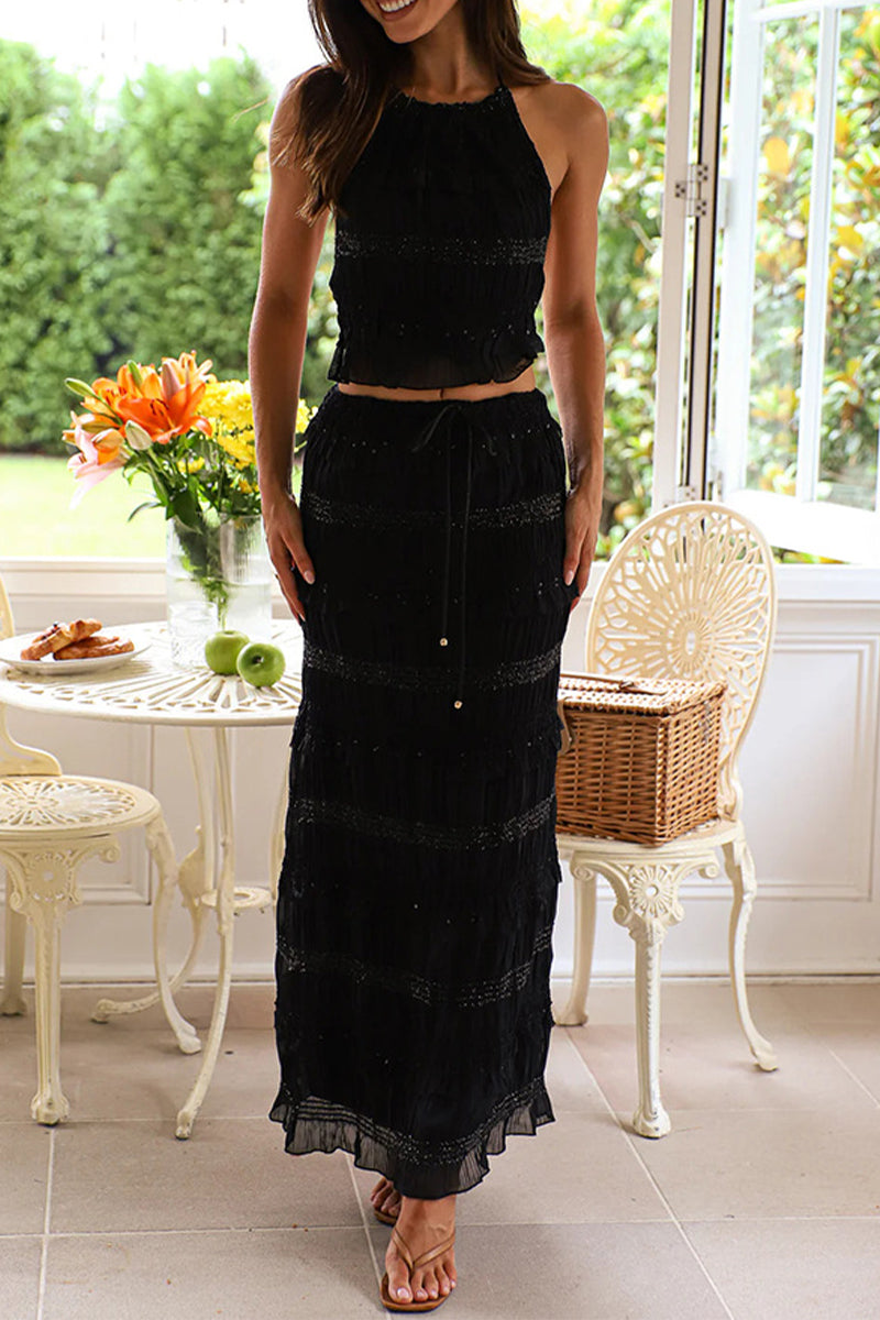 Leigh - Elegante completo con top senza maniche e gonna lunga con pizzo e schiena scoperta
