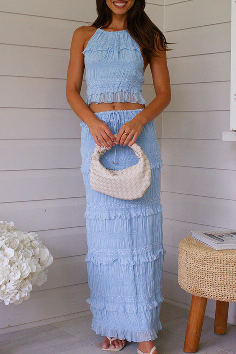 Leigh - Elegante completo con top senza maniche e gonna lunga con pizzo e schiena scoperta
