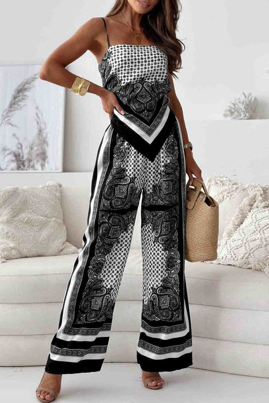 Fatima - Completo casual con top smanicato e pantaloni con stampa geometrica e schiena scoperta