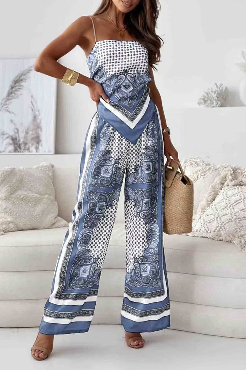 Fatima - Completo casual con top smanicato e pantaloni con stampa geometrica e schiena scoperta