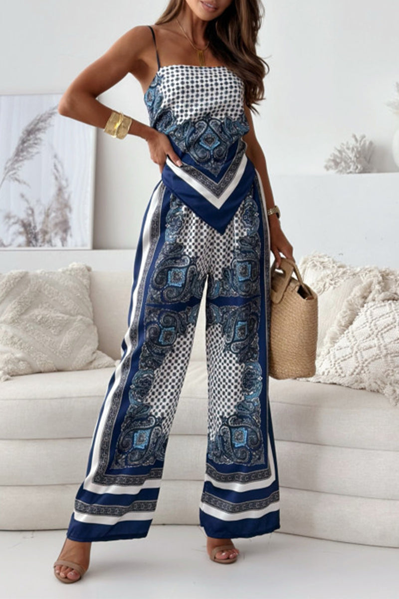 Fatima - Completo casual con top smanicato e pantaloni con stampa geometrica e schiena scoperta