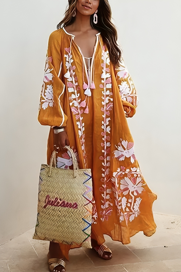 Revina - Abito maxi lungo a maniche lunghe con stampa floreale