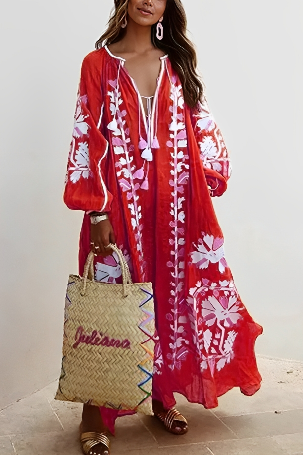 Revina - Abito maxi lungo a maniche lunghe con stampa floreale