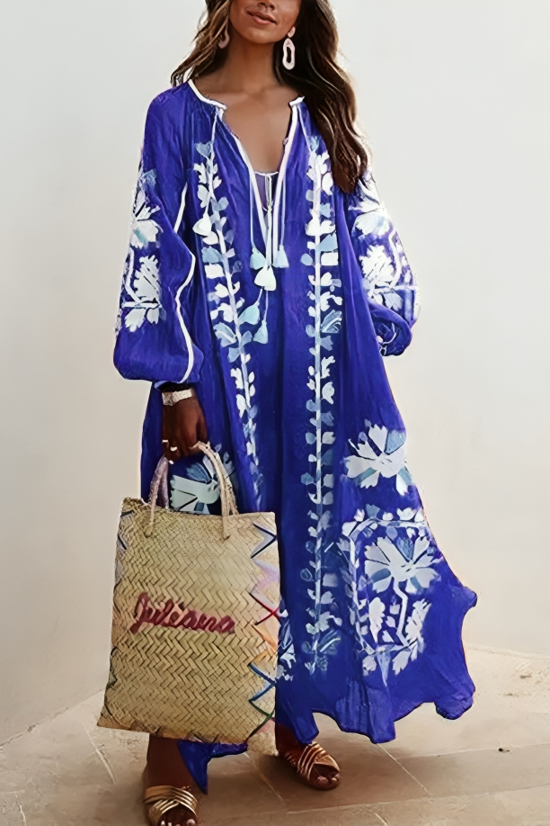 Revina - Abito maxi lungo a maniche lunghe con stampa floreale