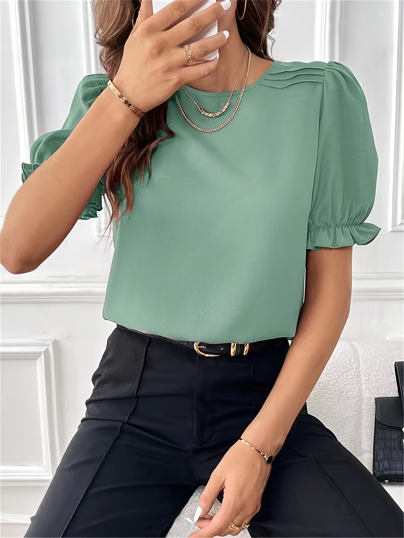 Elvina - Blusa a Maniche Corte con Volant Casual