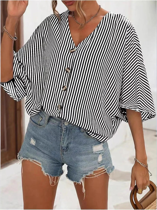 Addison - Blusa a righe con scollo a V, bottoni e maniche pipistrello