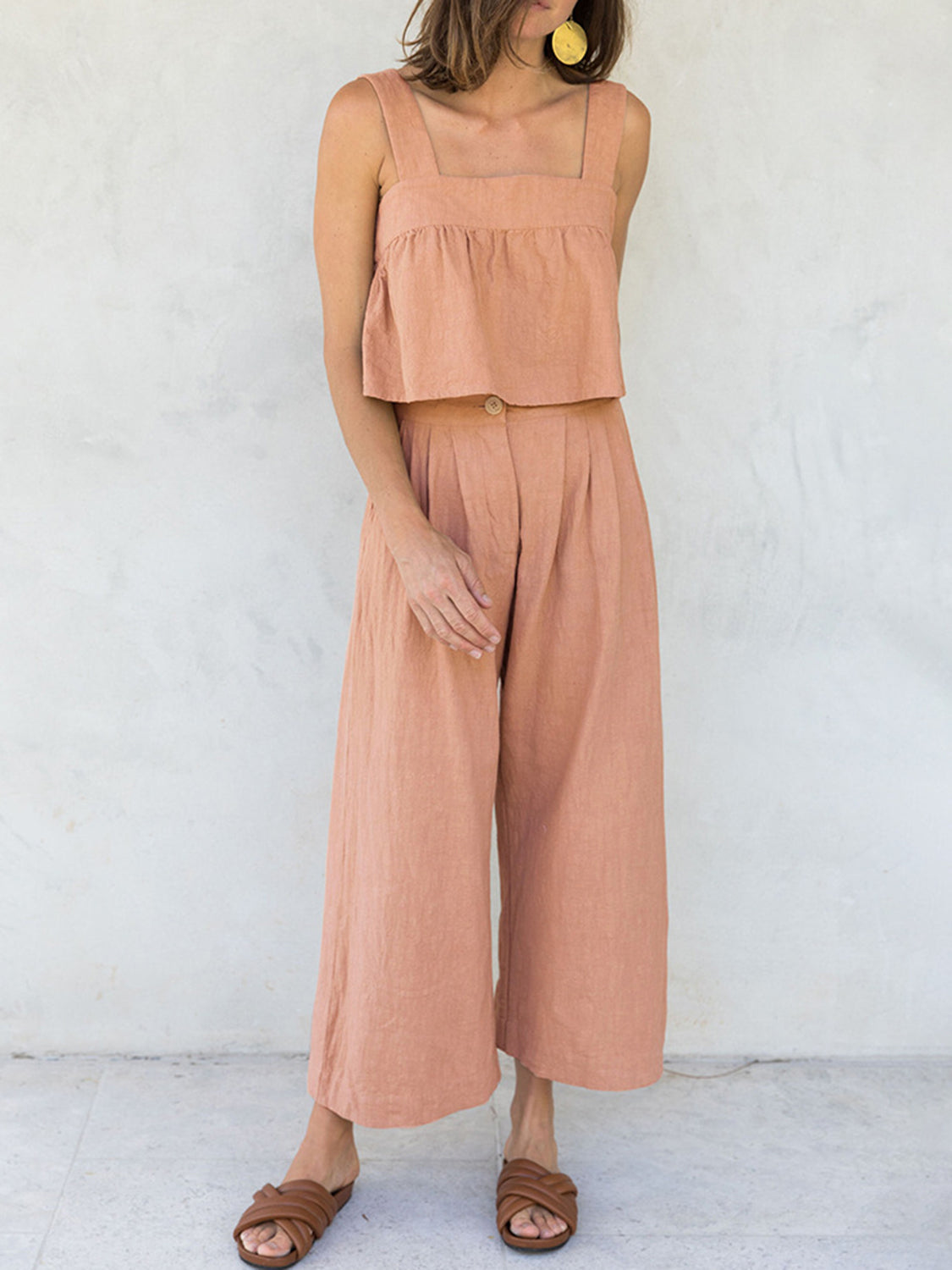 Meilin - Elegante completo con top corto a scollo quadrato e spalline larghe e pantaloni