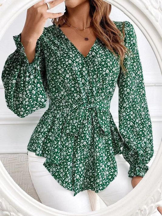 Corinne – Elegante blusa a maniche lunghe con stampa floreale e scollo a V