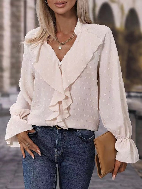 Anika - Elegante blusa a maniche lunghe con scollo a V e volant in plumetis