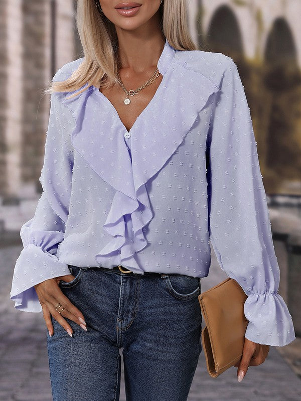 Anika - Elegante blusa a maniche lunghe con scollo a V e volant in plumetis