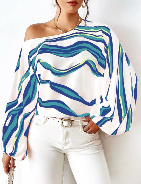 Lisette - Elegante blusa a maniche lunghe con righe morbide e spalle scoperte