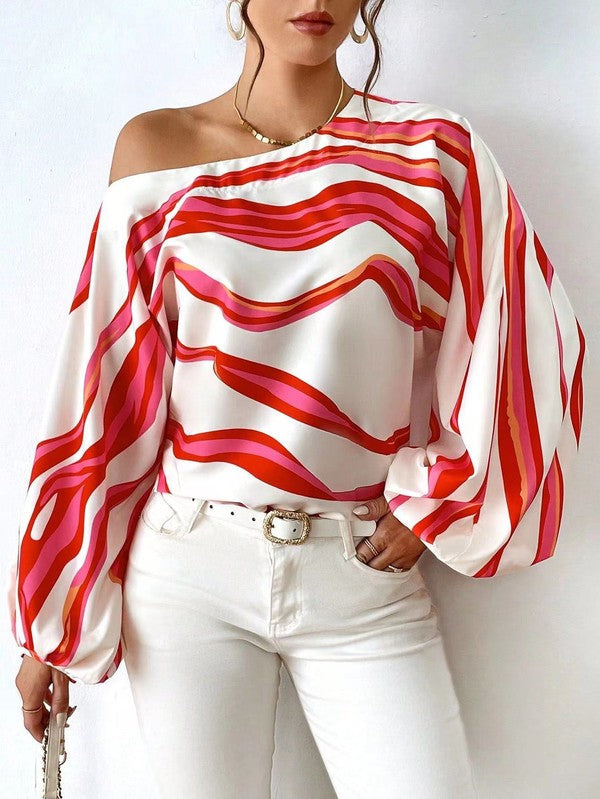 Lisette - Elegante blusa a maniche lunghe con righe morbide e spalle scoperte