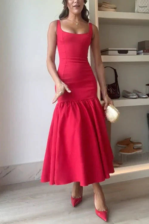 Andrea - Abito midi senza maniche con scollo a U e arricciature