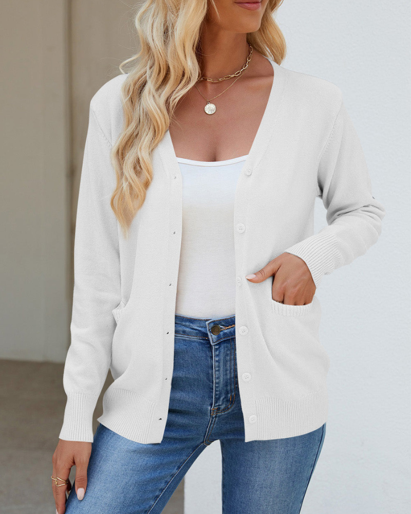 Bessie - Cardigan maniche lunghe con bottoni, scollo a V e tasche