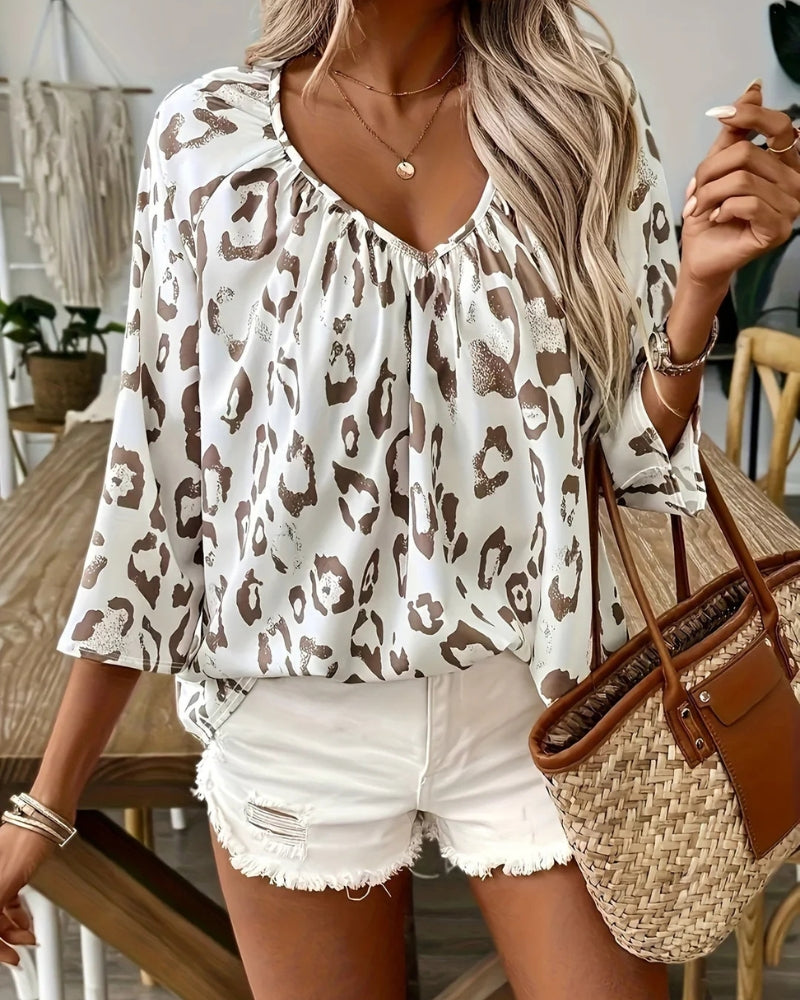 Xylaine - Elegante Blusa Larga con Scollo a V e Stampa Leopardata