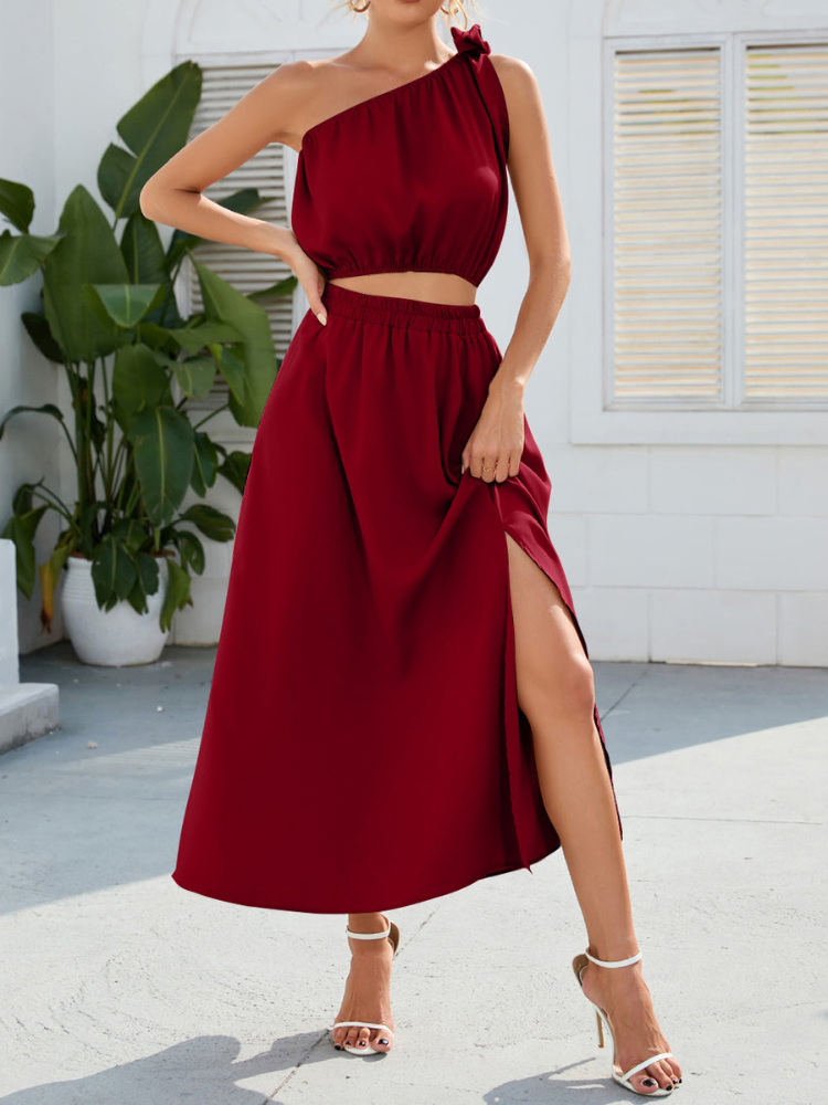 Zinnia - Elegante completo con crop top monospalla arricciato e gonna con spacco