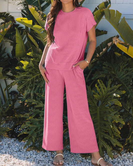 Melisa - Elegante completo in maglia a costine con maglietta e pantaloni a gamba larga