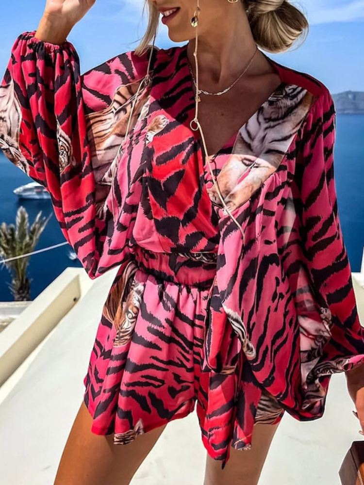 Merryn - Elegante top stampato a maniche lunghe con scollo a V e completo corto estivo