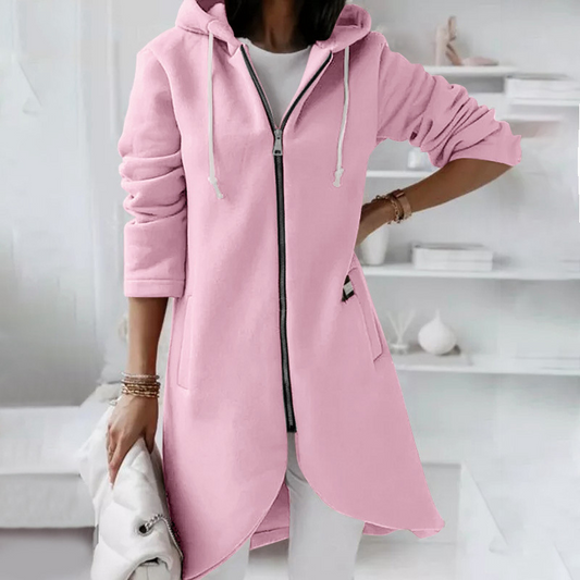 Darlene - Elegante giacca lunga con cappuccio e cerniera