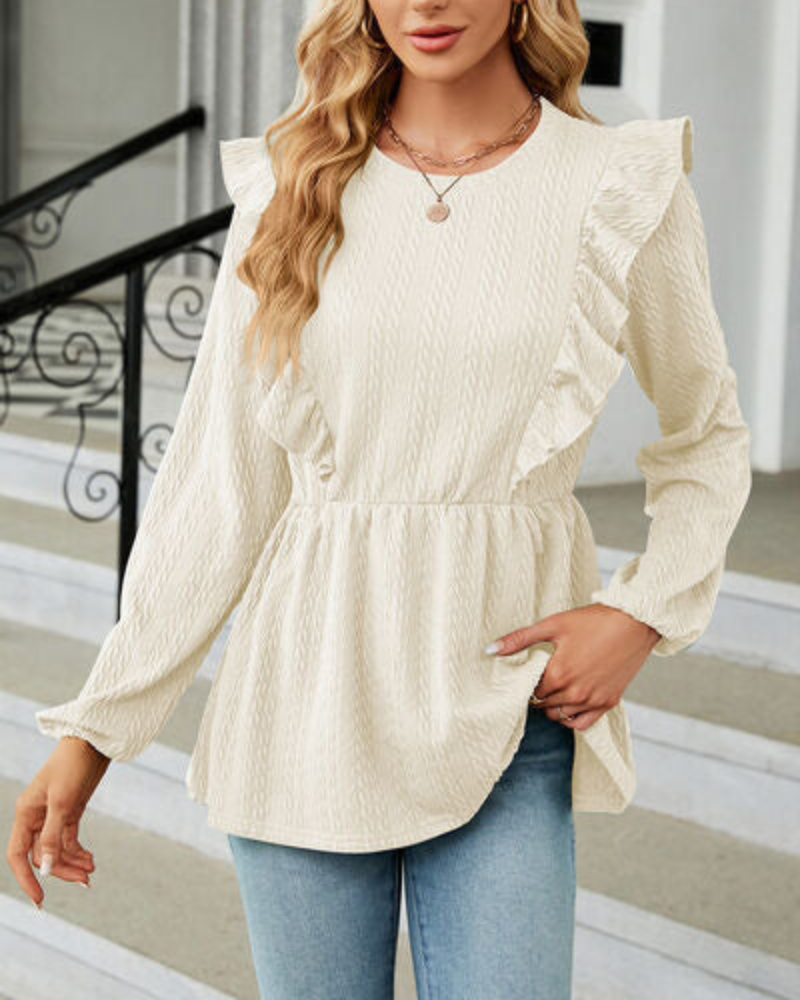 Leilani - Elegante camicetta a maniche lunghe con scollo tondo e volant