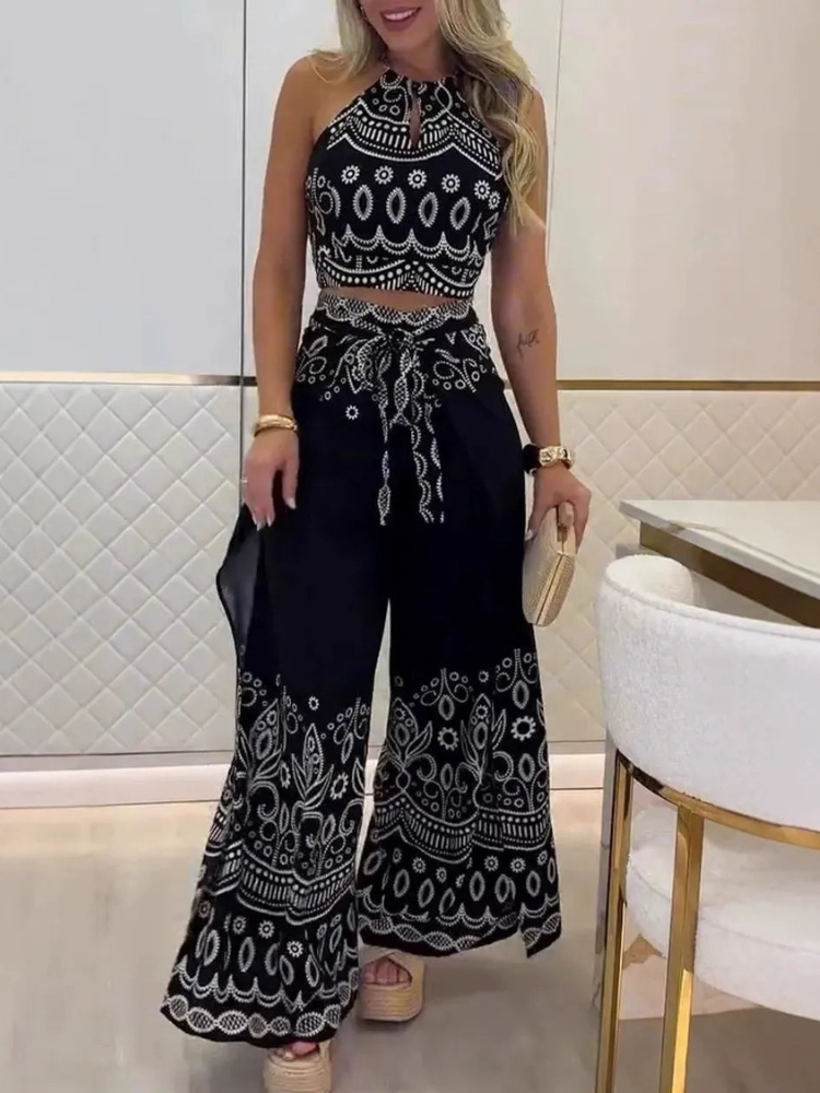 Darlynn - Completo elegante con top corto stampato e pantaloni ampi