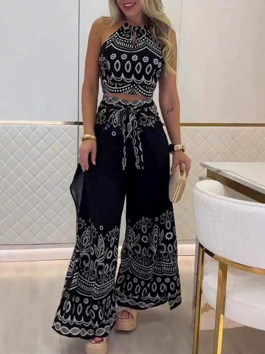 Darlynn - Completo elegante con top corto stampato e pantaloni ampi