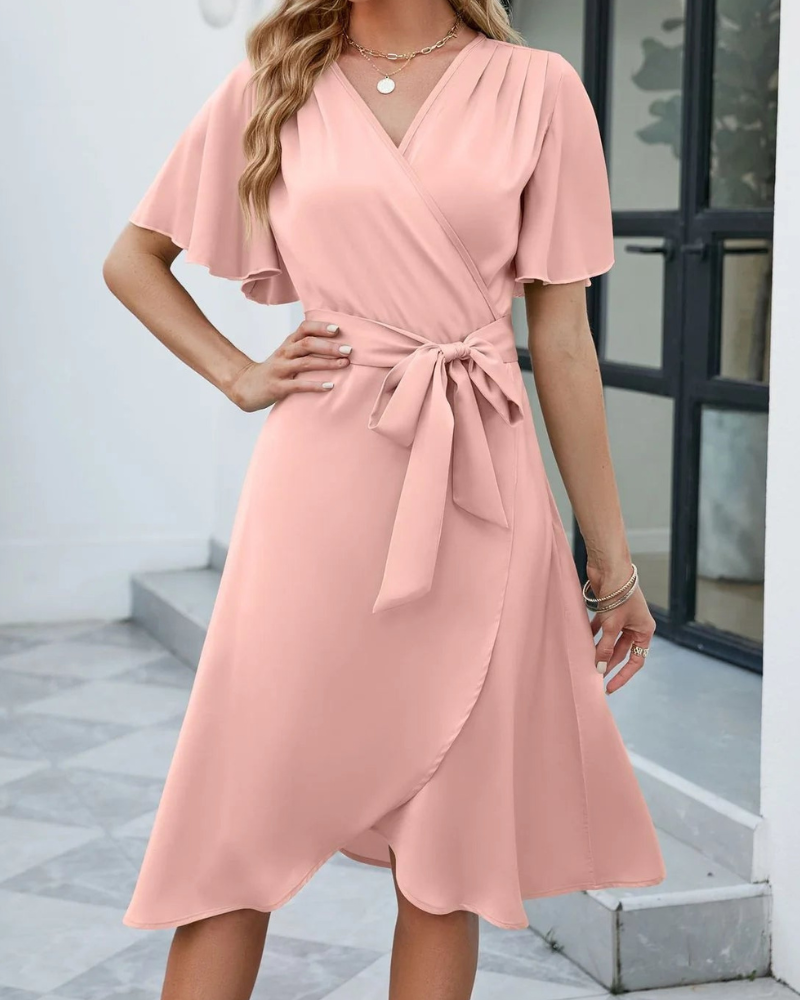 Athena - Elegante abito svasato a maniche corte con scollo a V e cintura da annodare