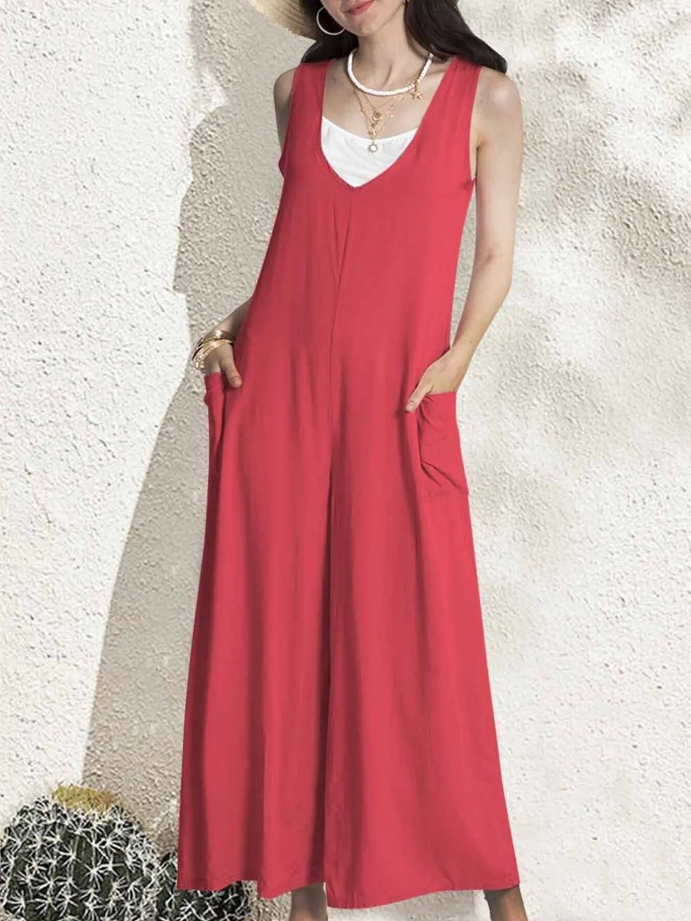 Jemma - Tuta casual senza maniche con scollo a V e gamba larga
