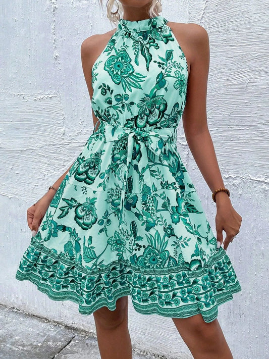 Billie - Vestito floreale senza maniche con collo halter e cintura annodabile