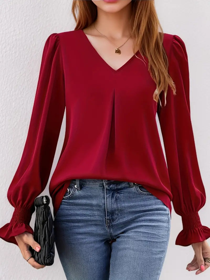 Rosalynn - Elegante Blusa in Chiffon con Scollo a V e Maniche Lunghe