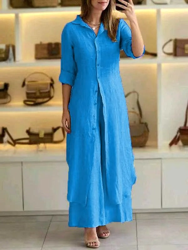 Sunniva - Completo casual in lino con abito lungo abbottonato e pantaloni a gamba larga