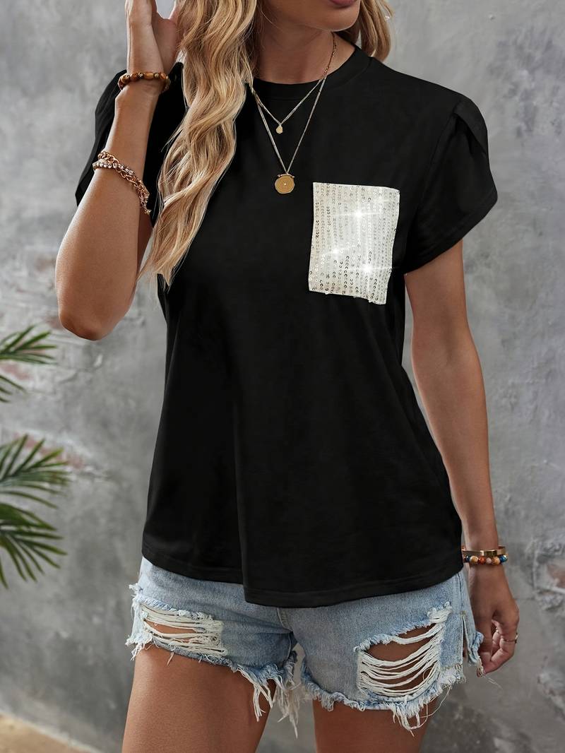 Shane - Top chic con maniche a petalo e taschino con paillettes
