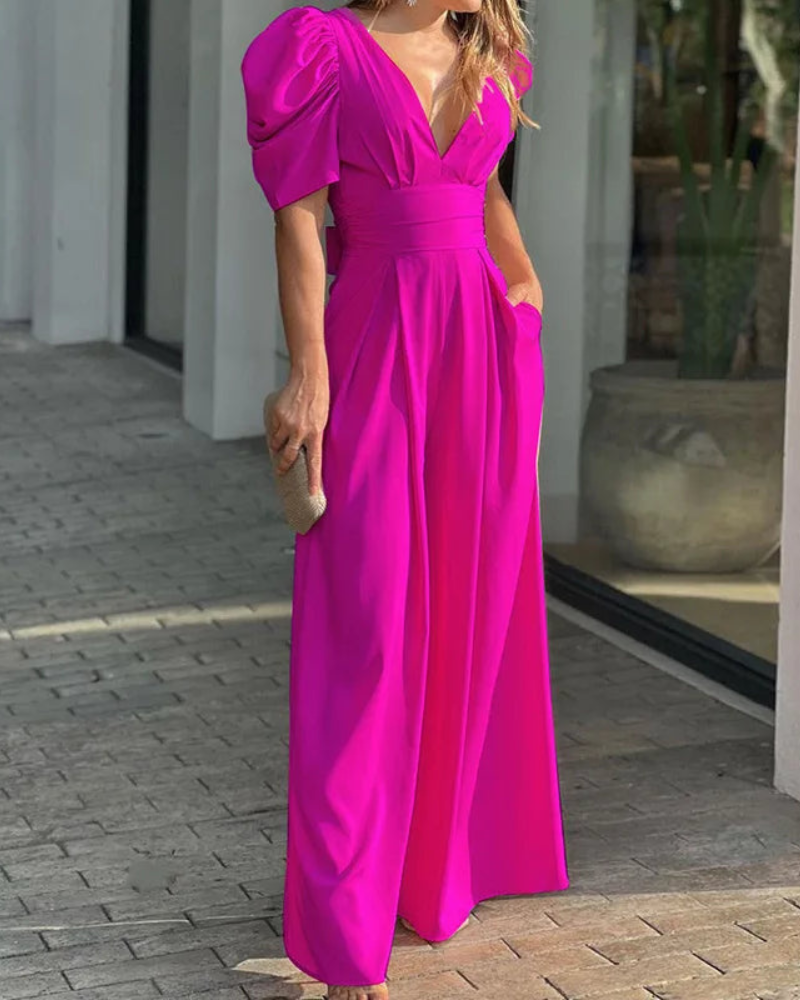Fenella - Elegante Tuta Fluida con Maniche Corte e Scollatura a V Profonda